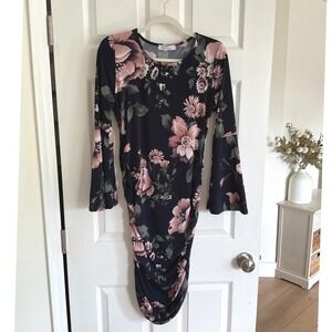 My Bump‎ Maternity Floral Ruched Bodycon Bell Sleeve Dress Navy Pink Large NWT